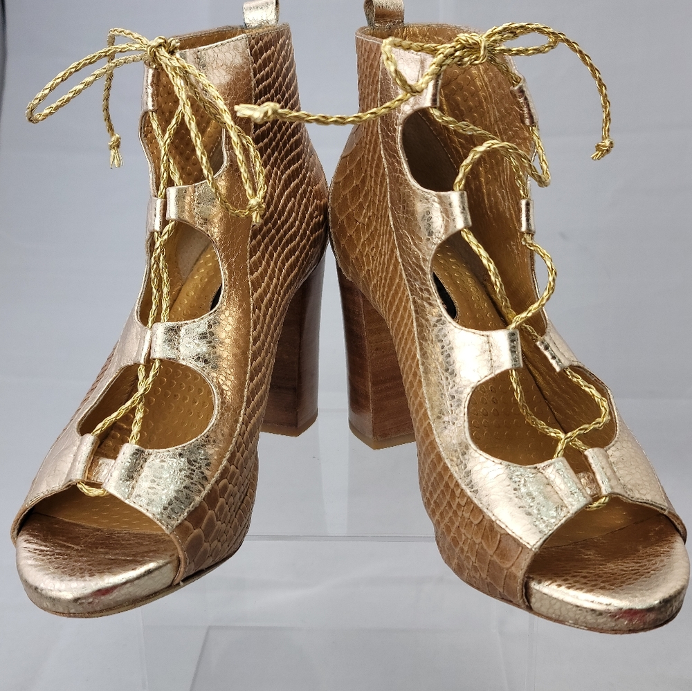 Lace Up Peep Toe Block Heel Leather Sandals Shoes Size 7